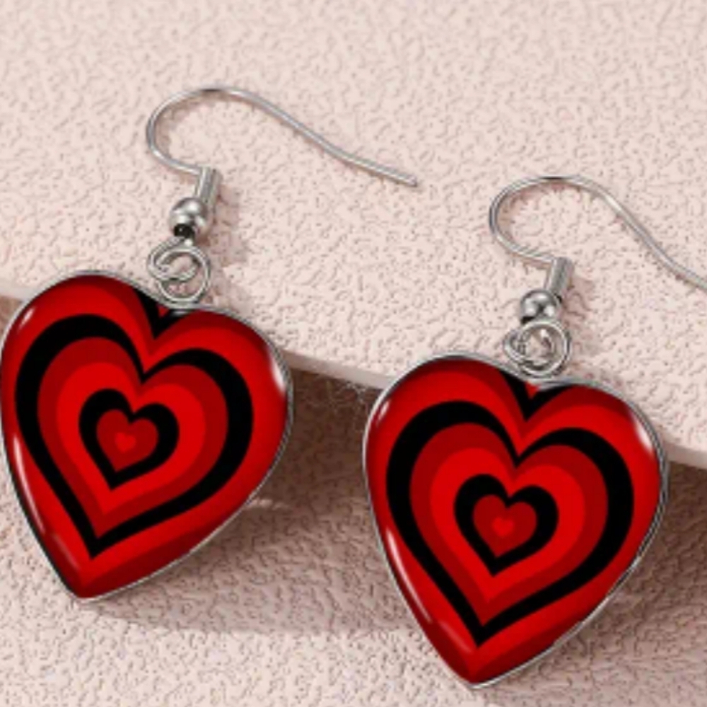 Whimsigoth Punk Goth Heart-Shaped Red Black Bold Dangling Crystal Glass Earrings